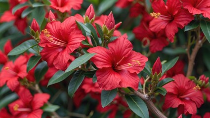 Poster - red hibiscus flowers blooming with lush green leaves in a garden setting with copy space for text pl