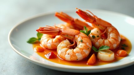 Wall Mural - Delicious succulent shrimp simmered in a vibrant sauce, garnished with fresh herbs and delicate vegetable accents, served on elegant dishware.