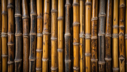 Poster - Bamboo texture background with vertical wooden sticks arranged closely together with natural color variations and ropes in between Copy Space