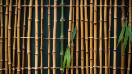 Poster - Bamboo fence background with green leaves natural texture and vertical lines ideal for design projects with Copy Space