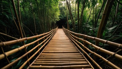 Poster - bamboo pathway through lush green forest with dense vegetation and natural light creating serene atm