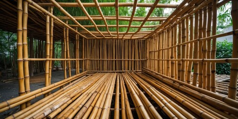 Poster - Interior view of a bamboo structure showcasing wooden beams and supports with natural greenery in background and ample Copy Space