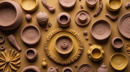 Poster - Assorted handcrafted clay pottery and decorative items arranged on a textured surface with warm tones and ample copy space.