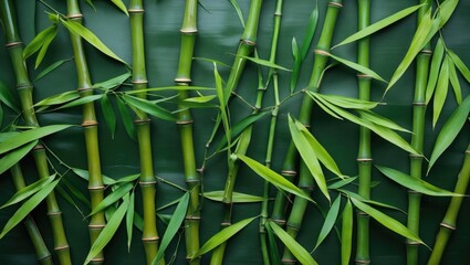 Poster - background of green bamboo stalks with leaves providing natural texture and pattern suitable for des