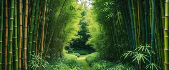 Poster - bamboo forest path with lush greenery and tall bamboo stalks creating a natural frame and leading in