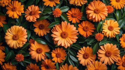 Poster - colorful arrangement of orange flowers with green leaves on dark background suitable for floral desi