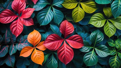 Poster - colorful tropical leaves background with various shades of green, red, and orange, suitable for deco