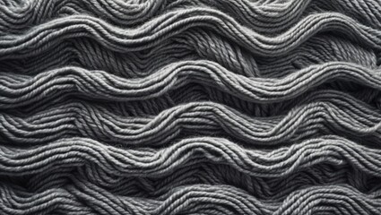 Poster - Gray textured wool yarn arranged in wavy layers creating depth and dimension with Copy Space for text.