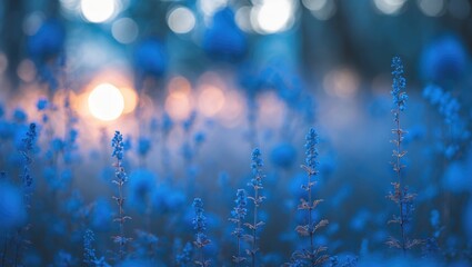Poster - Blue Wildflowers in Soft Focus with Sunset Bokeh Background Natural Landscape Copy Space