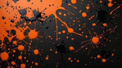 Poster - Abstract splatter paint background in black and orange with varying size paint splashes and drips, suitable for creative designs and copy space.