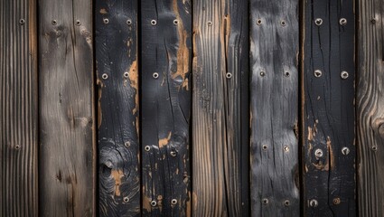 Poster - Textured wooden wall with charred and weathered planks featuring visible nail holes and dark coloration ideal for background use