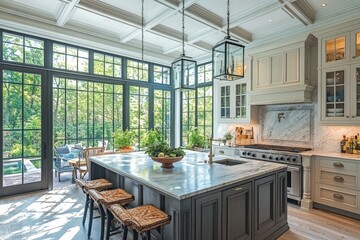 Wall Mural - Bright and airy kitchen with large windows and elegant design surrounded by nature during daylight