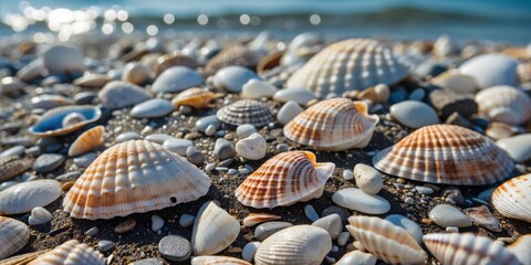 Poster - Seashells on sandy beach with pebbles glistening in sunlight and ocean in background Copy Space