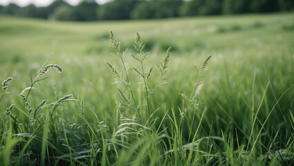 Poster - Green grassy field with tall grass and plants against a blurred landscape background suitable for nature themes Copy Space