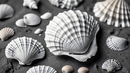 Poster - Close-up of various white seashells arranged on a dark textured surface with natural shadows and highlights Copy Space