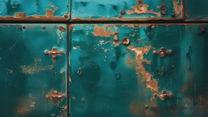 Poster - Rusty teal metal surface with peeling paint and visible rivets, textured background with muted colors and imperfections, Copy Space