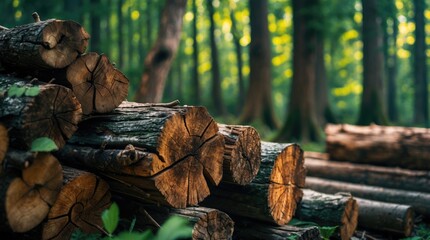 Poster - Wooden logs stacked in a forest clearing with green foliage in the background soft bokeh effect and natural light Copy Space