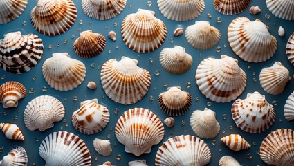 Poster - Assorted sea shells arranged on a blue background with water droplets and space for text