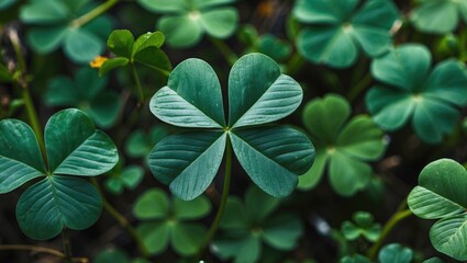 Poster - close-up of lush green clovers with a prominent four-leaf clover in the center on a natural backgrou