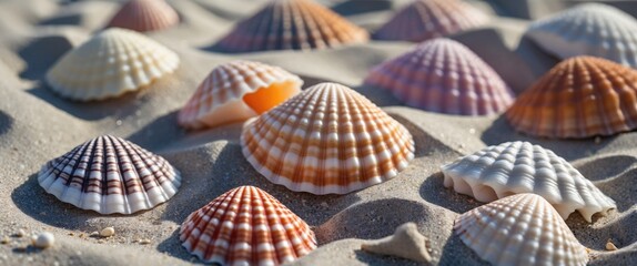 Poster - Colorful seashells arranged on sandy beach with textured patterns and surfaces natural light Copy Space