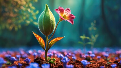 Poster - Vibrant flower with a green budding leaf emerging from rich brown soil surrounded by colorful flowers in a serene natural environment Copy Space