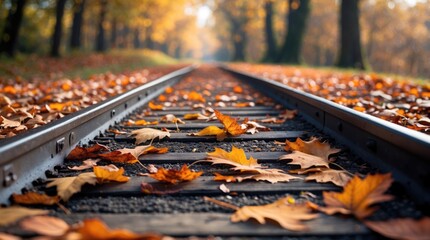 Poster - Autumn leaves scattered on train tracks beneath trees with orange foliage in soft morning light, capturing seasonal transition and nature's beauty. Copy Space