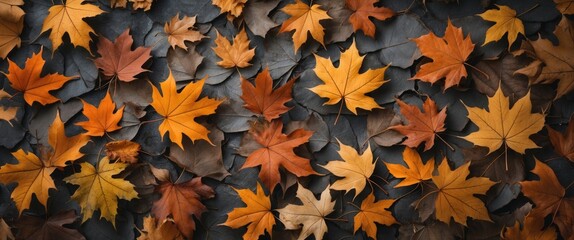 Poster - autumn leaves in various shades of yellow, orange, and brown scattered on a dark surface with copy s