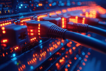 Poster - Close-up view of network cables connecting to a server in a dimly lit data center with glowing LEDs
