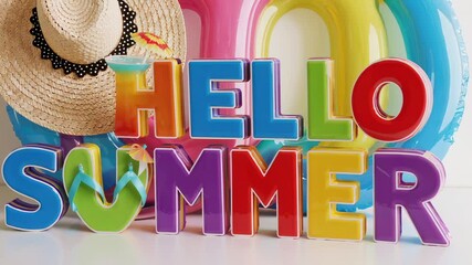 Poster - Colorful hello summer letters, inflatable rings, straw hat, and flip flops create a vibrant summer greeting in this slow motion montage, isolated on a white background