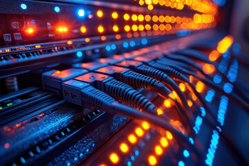 Poster - Network cables connected to a server with glowing lights in a data center during the night