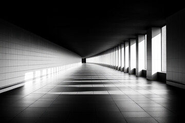 Poster - Shadows and light create a striking geometric hallway in an urban building during midday