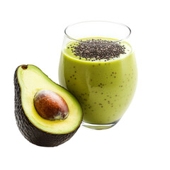 Poster - Creamy avocado smoothie in glass with chia seeds, alongside halved avocado. This nutritious drink is perfect for healthy lifestyle