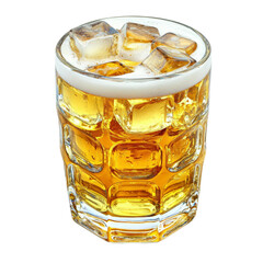 Poster - Refreshing glass of cold beer with ice cubes, perfect for relaxation. Enjoy golden color and frothy top in casual setting