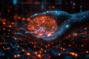 Poster - Digital representation of a human brain in a hand glowing with blue and orange lights