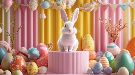 Wall Mural - Cute Bunny Surrounded by Colorful Easter Eggs and Spring Decor