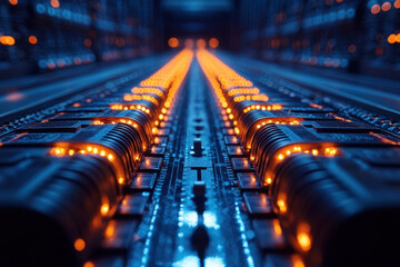 Poster - Illuminated circuitry and intricate technology in a data center at night