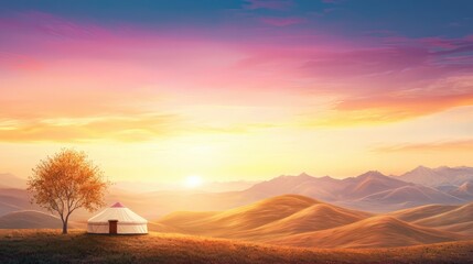 Wall Mural - A cozy white tent is situated in a vast, open field, with a lone tree standing nearby