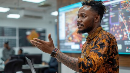 Poster - A speaker passionately discusses topics in a contemporary office, interactive screens displaying data and visuals in the background, while the audience attentively listens.