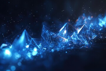 Abstract background with a blue, glowing, low-poly polygonal network connection and triangle shapes on a dark background, representing technology, science or digital concept design