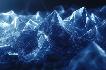 Abstract background with a blue, glowing, low-poly polygonal network connection and triangle shapes on a dark background, representing technology, science or digital concept design