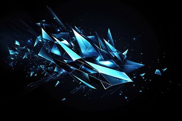 Abstract background with a blue, glowing, low-poly polygonal network connection and triangle shapes on a dark background, representing technology, science or digital concept design