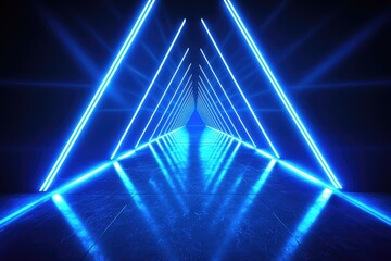 Abstract background with a blue, glowing, low-poly polygonal network connection and triangle shapes on a dark background, representing technology, science or digital concept design