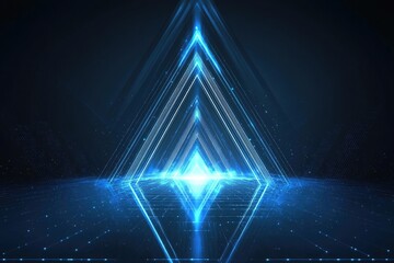 Abstract background with a blue, glowing, low-poly polygonal network connection and triangle shapes on a dark background, representing technology, science or digital concept design
