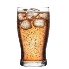 Poster - Refreshing glass of carbonated beverage with ice cubes, showcasing condensation and bubbles. Perfect for hot day or social gathering
