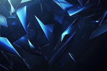 Abstract background with a blue, glowing, low-poly polygonal network connection and triangle shapes on a dark background, representing technology, science or digital concept design