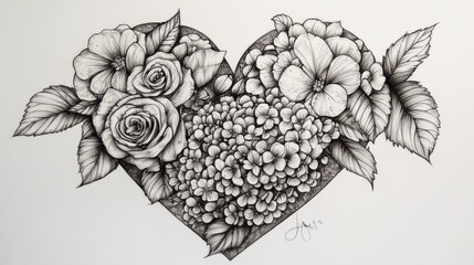 Poster - A pencil-drawn heart filled with hydrangeas and roses, blending delicate floral artistry with realistic shading techniques.