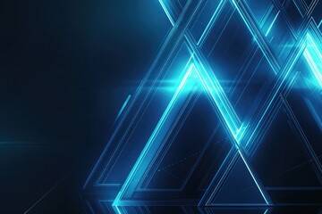 Abstract background with a blue, glowing, low-poly polygonal network connection and triangle shapes on a dark background, representing technology, science or digital concept design