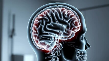 Poster - Transparent skull reveals human brain activity, highlighting specific areas in slow motion, providing a detailed visualization of neurological functions within a clinical setting