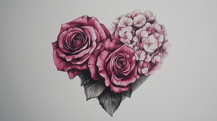 Wall Mural - a realistic botanical pencil sketch of a heart composed of pink hydrangeas and red roses, with intri