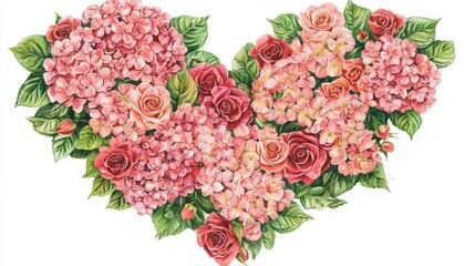 Wall Mural - a realistic pencil sketch of pink hydrangeas and red roses intricately arranged in a heart shape, wi